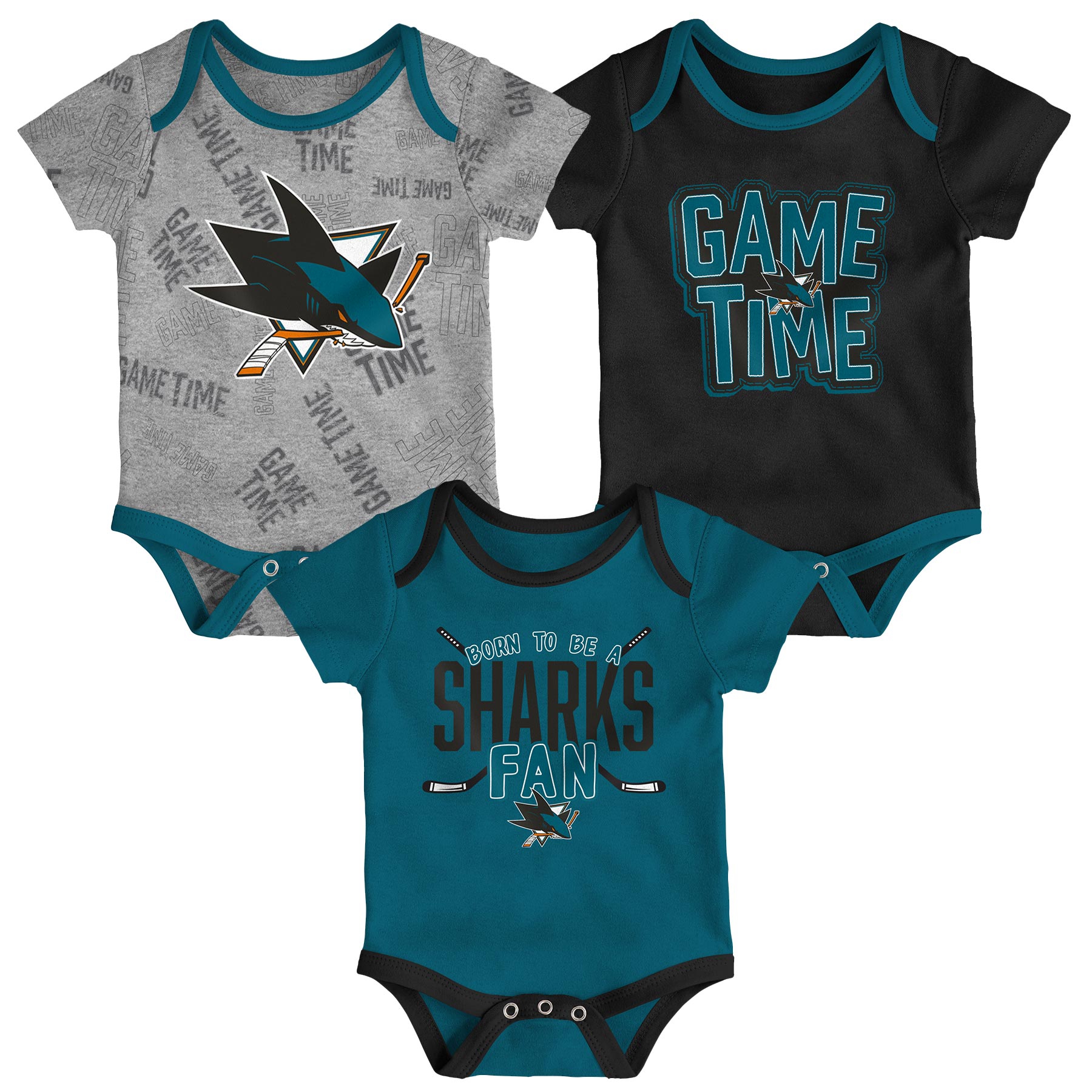 San Jose Sharks Game Time NHL Baby Bodysuit Set (3-Piece)