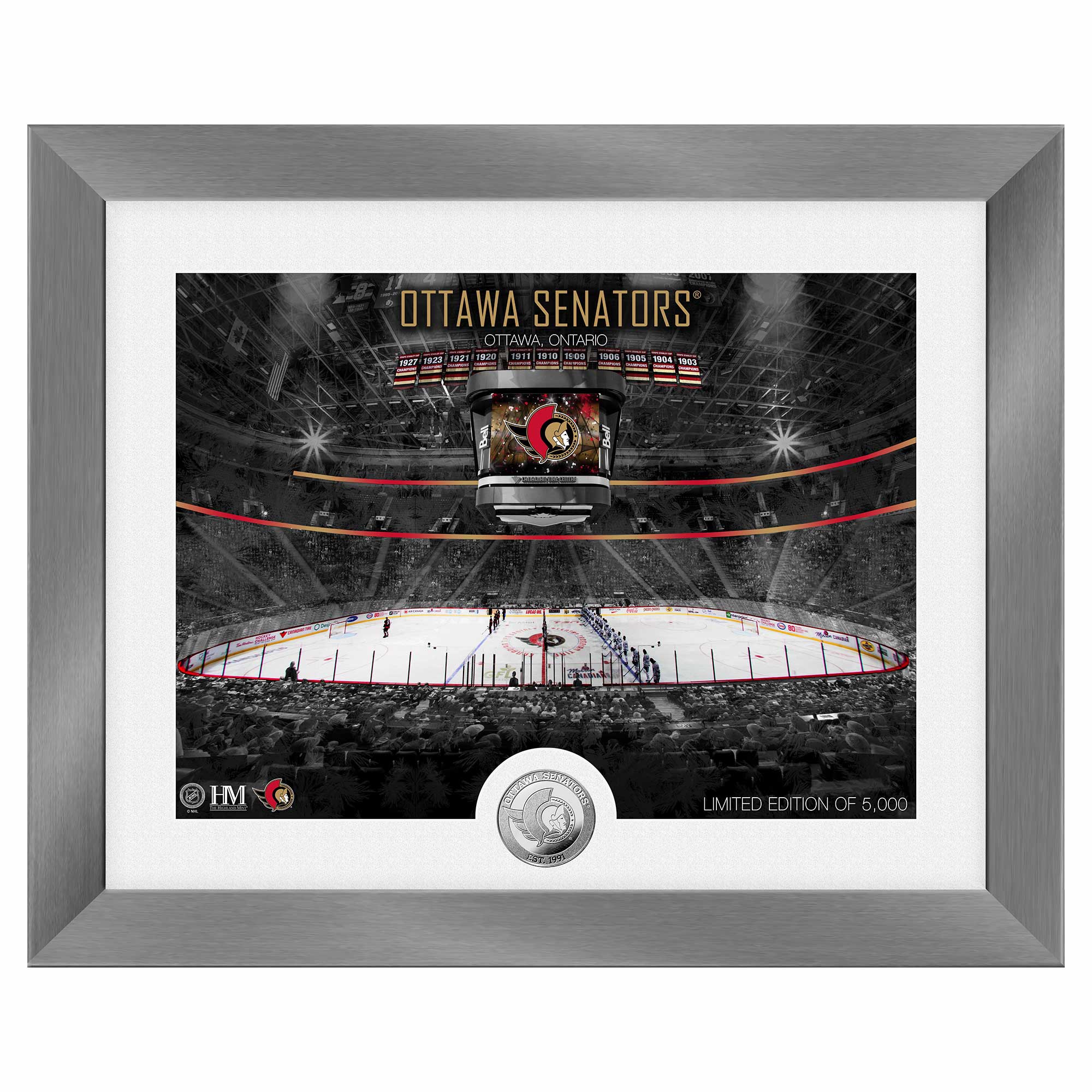 Ottawa Senators Art Deco Stadium Silver Coin Gerahmtes NHL Bild