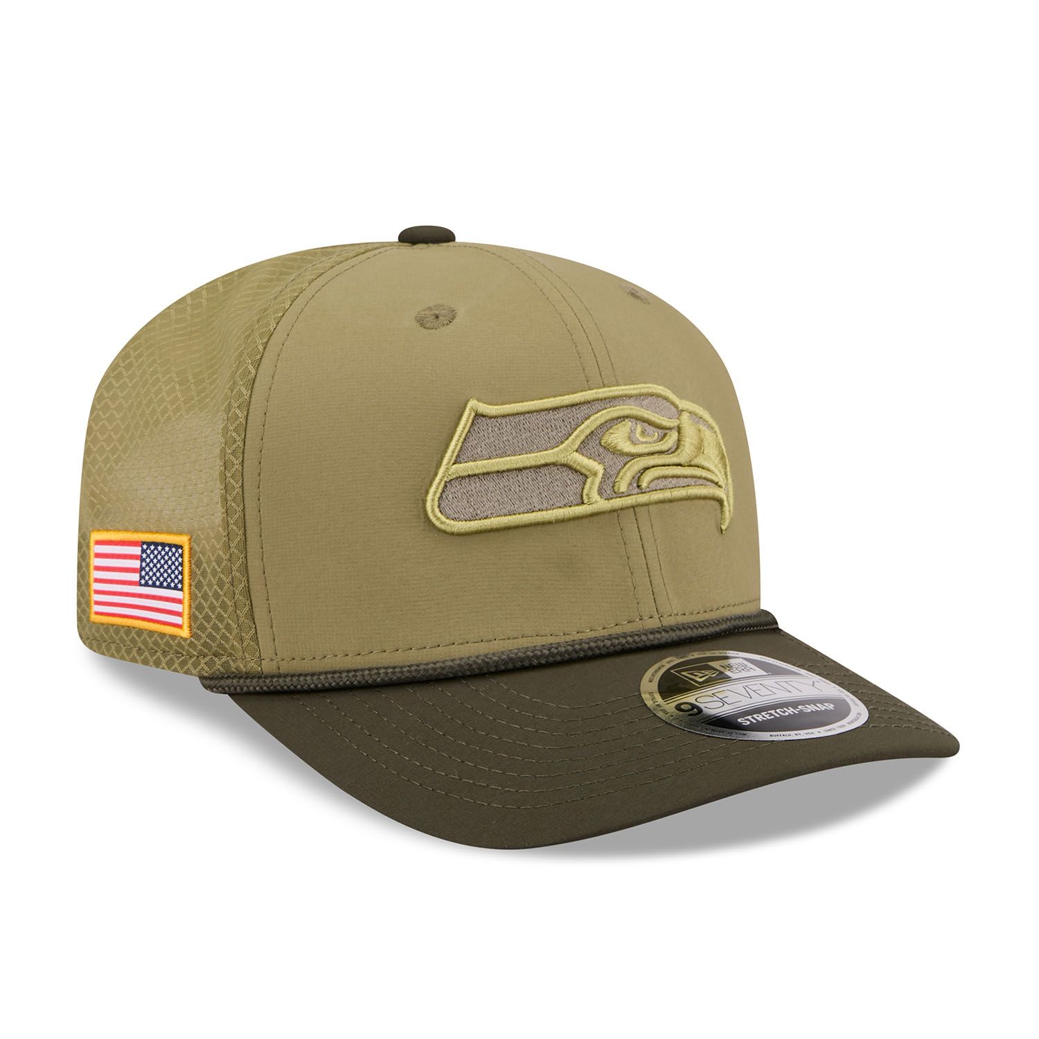 Seattle Seahawks 2025 NFL Salute to Service 9SEVENTY Trucker Snapback Cap Olive
