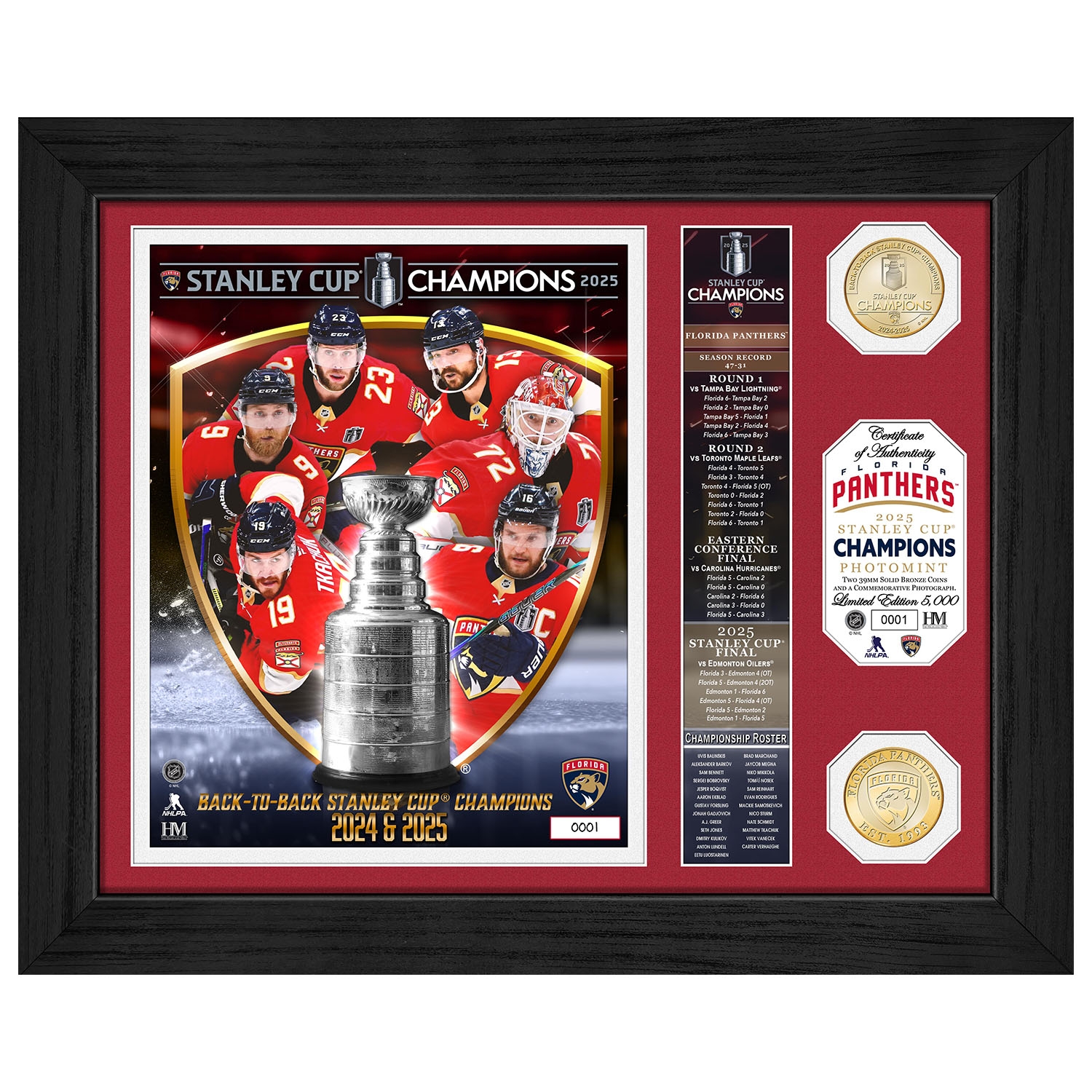 Florida Panthers 2025 Stanley Cup Champions Banner Bronze Coins Framed Photo