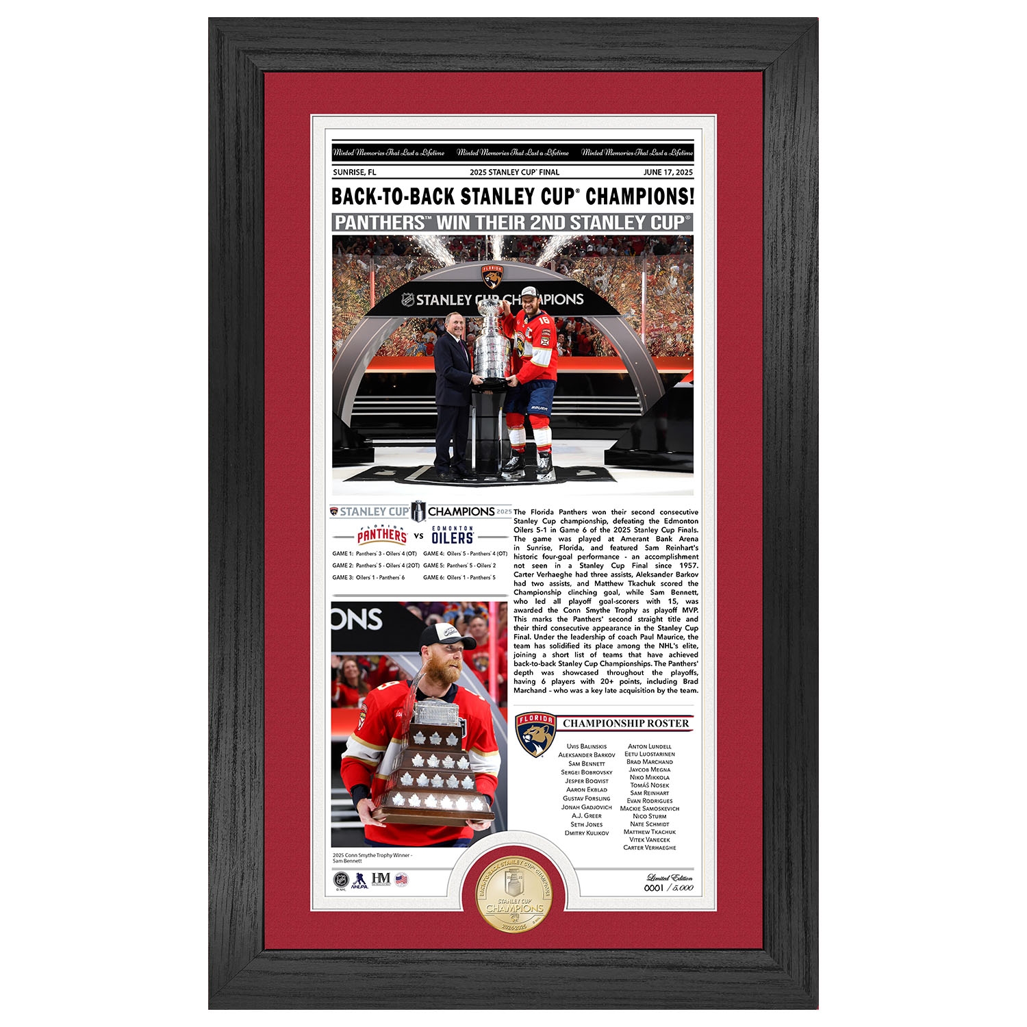 Florida Panthers 2025 Stanley Cup Champions Bronze Coin Framed Newspaper Photo