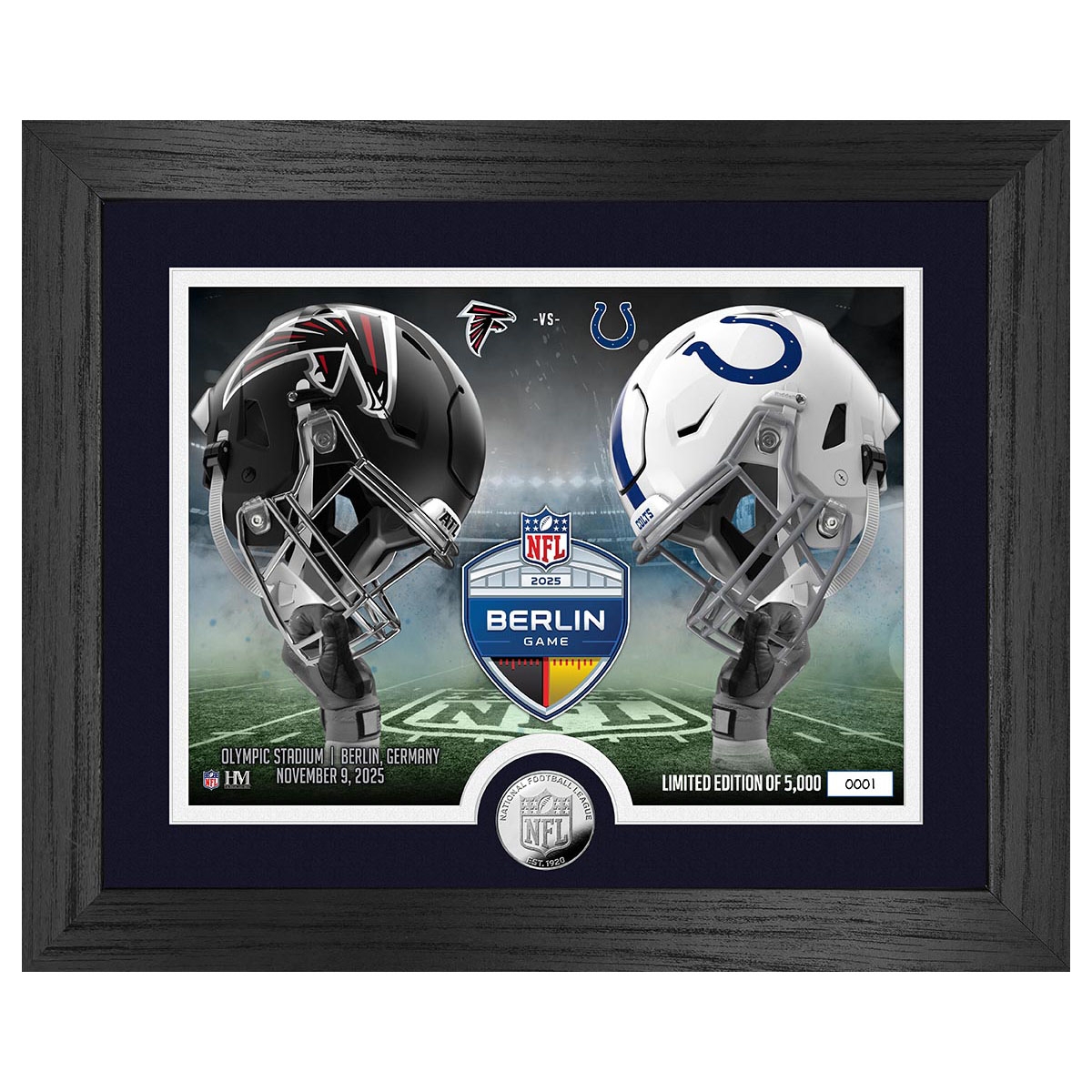 2025 NFL Berlin Game Colts vs. Falcons Silver Coin Gerahmtes NFL Bild