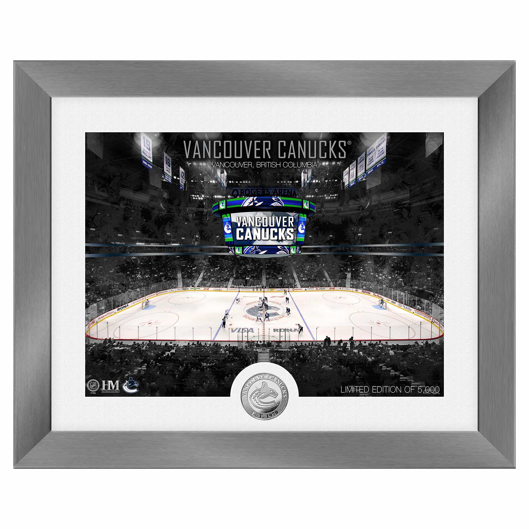 Vancouver Canucks Art Deco Stadium Silver Coin Framed NHL Photo