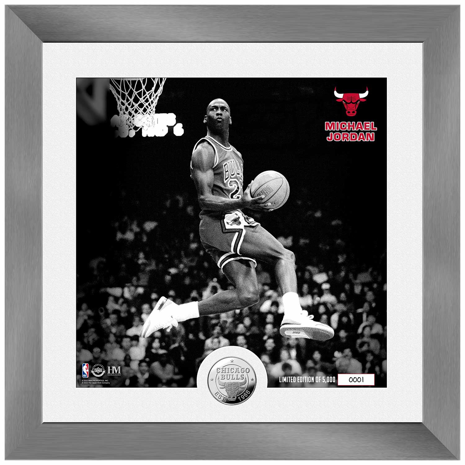 Michael Jordan Chicago Bulls Reverse Dunk Silver Coin Gerahmtes NBA Bild