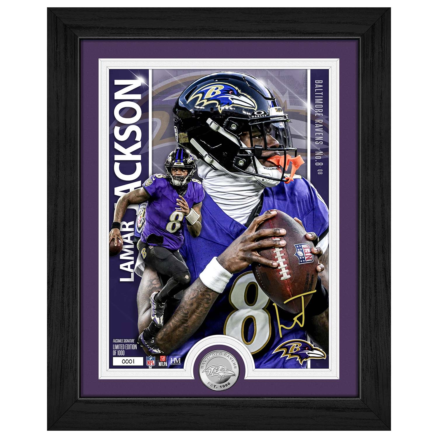 Lamar Jackson Baltimore Ravens Artist Proof Silver Coin NFL Photo Frame