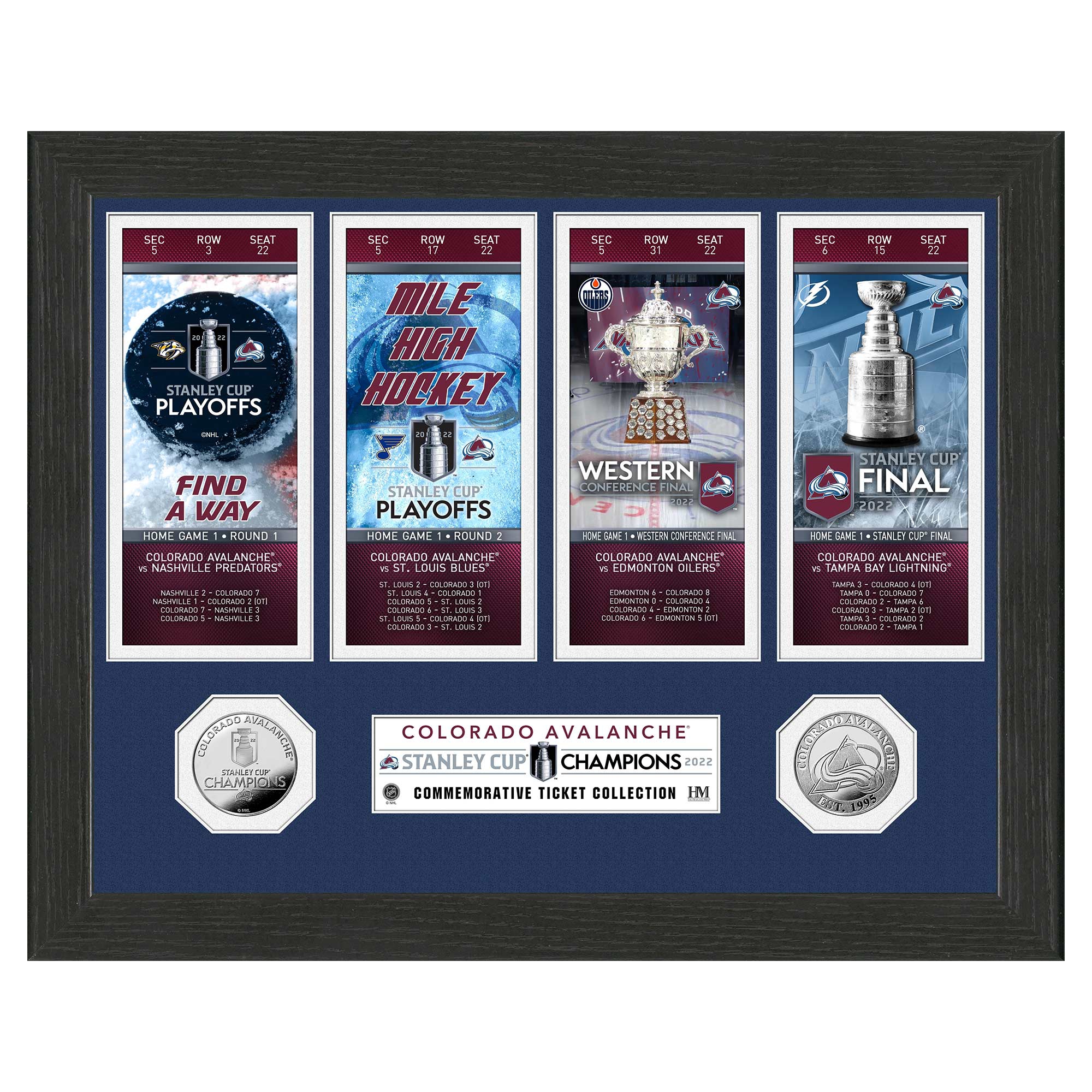 Colorado Avalanche 2022 Stanley Cup Champion Tickets Silver Coins Gerahmtes NHL Bild
