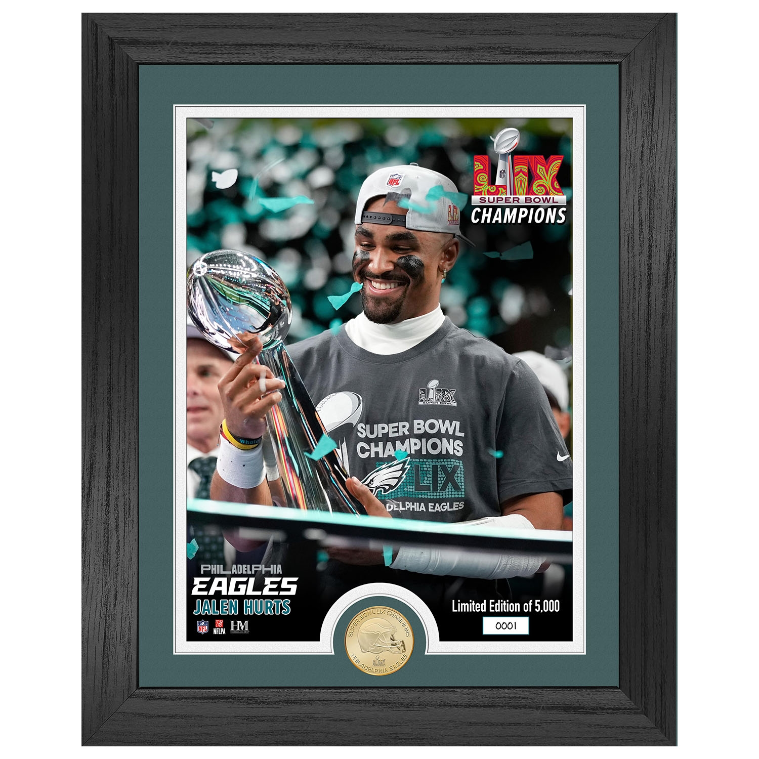 Jalen Hurts Super Bowl LIX Lombardi Trophy Bronze Coin Framed NFL Photo