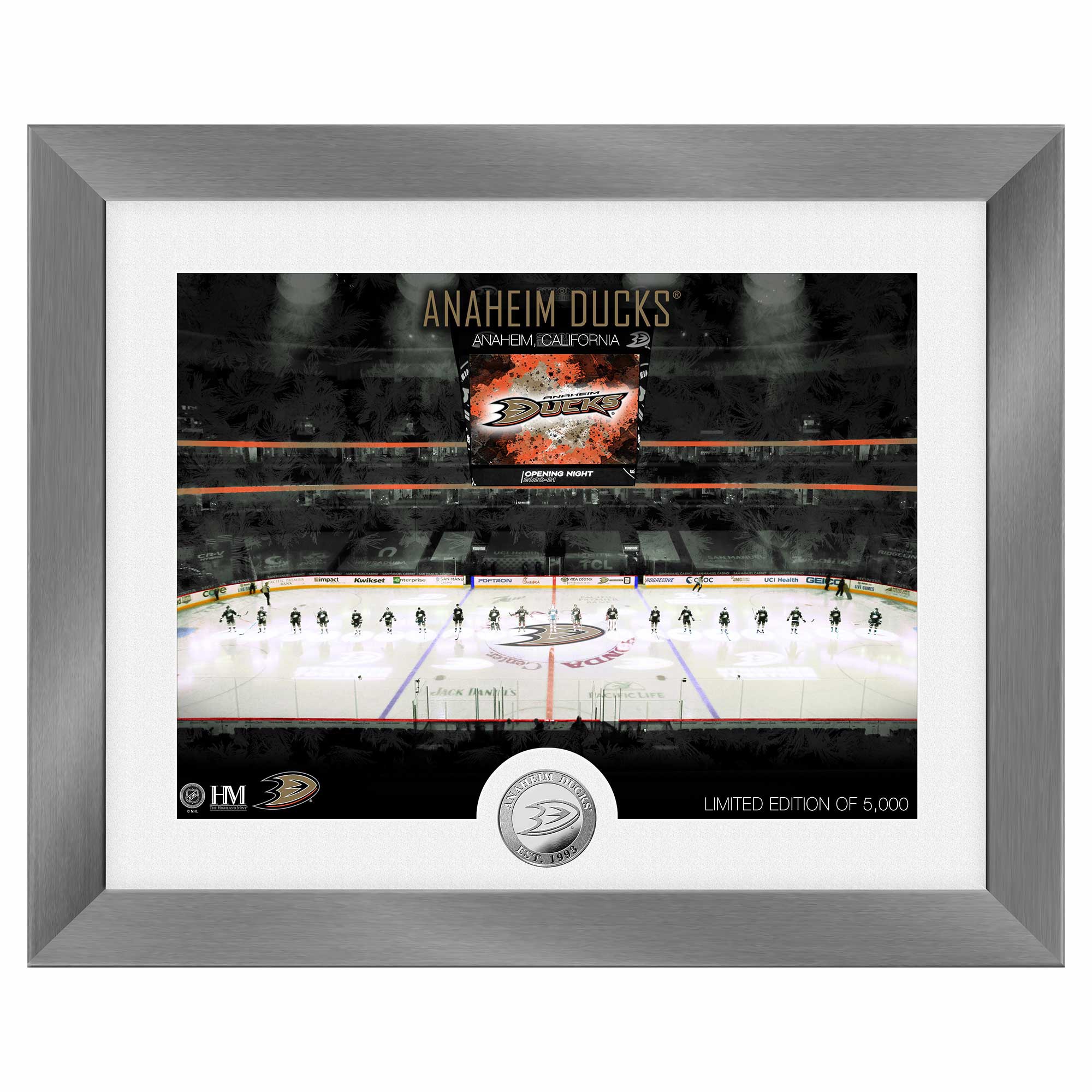 Anaheim Ducks Art Deco Stadium Silver Coin Gerahmtes NHL Bild