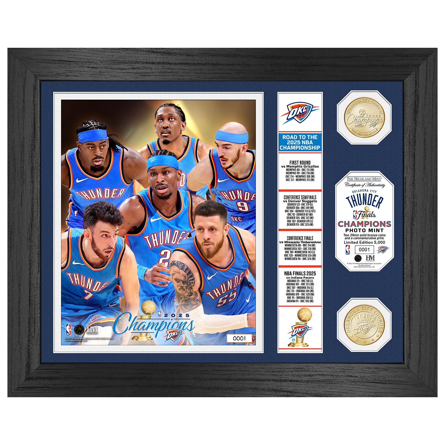 Oklahoma City Thunder 2025 NBA Champions Banner Bronze Coins Gerahmtes Bild