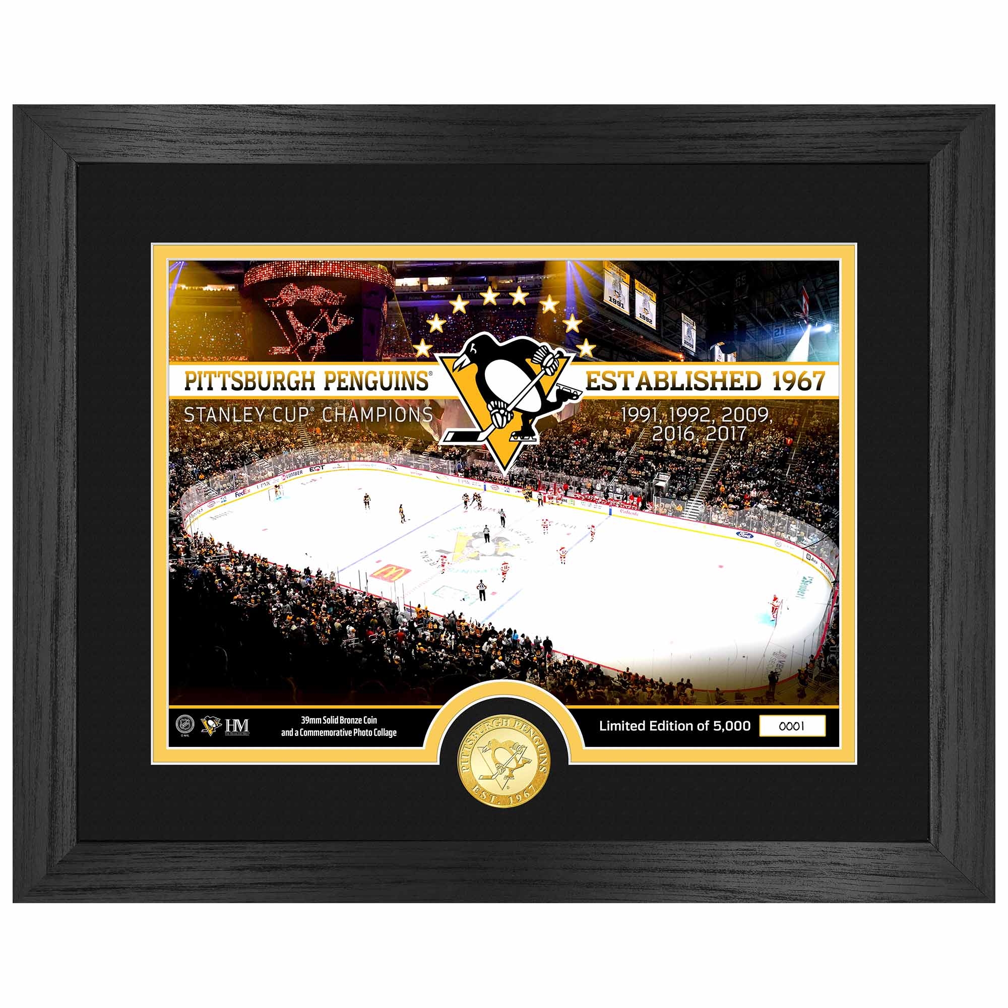Pittsburgh Penguins 5-Time Stanley Cup Champions Bronze Coin Framed NHL Photo