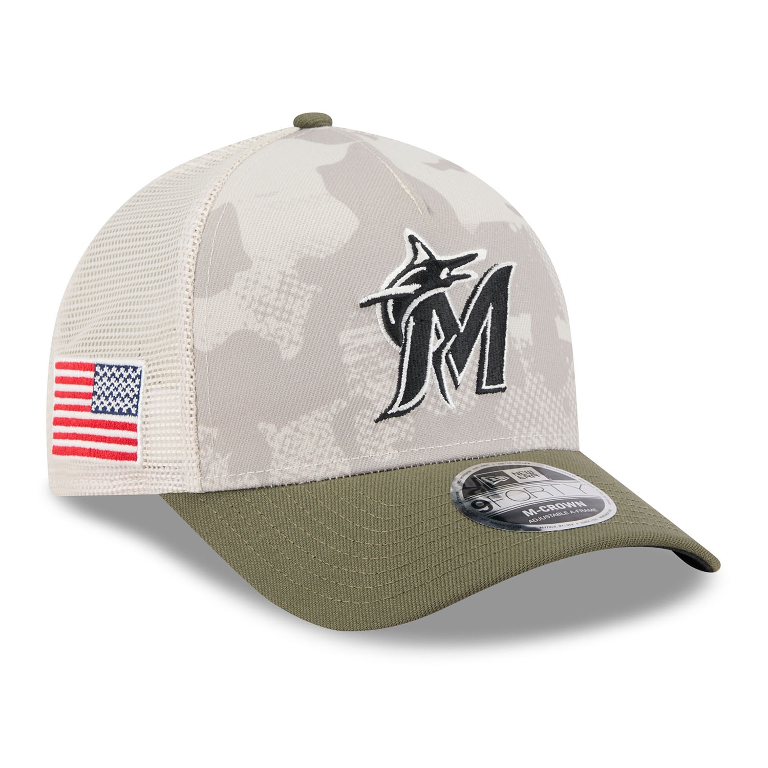 Miami Marlins 2025 MLB Armed Forces 9FORTY M-Crown A-Frame Snapback Cap