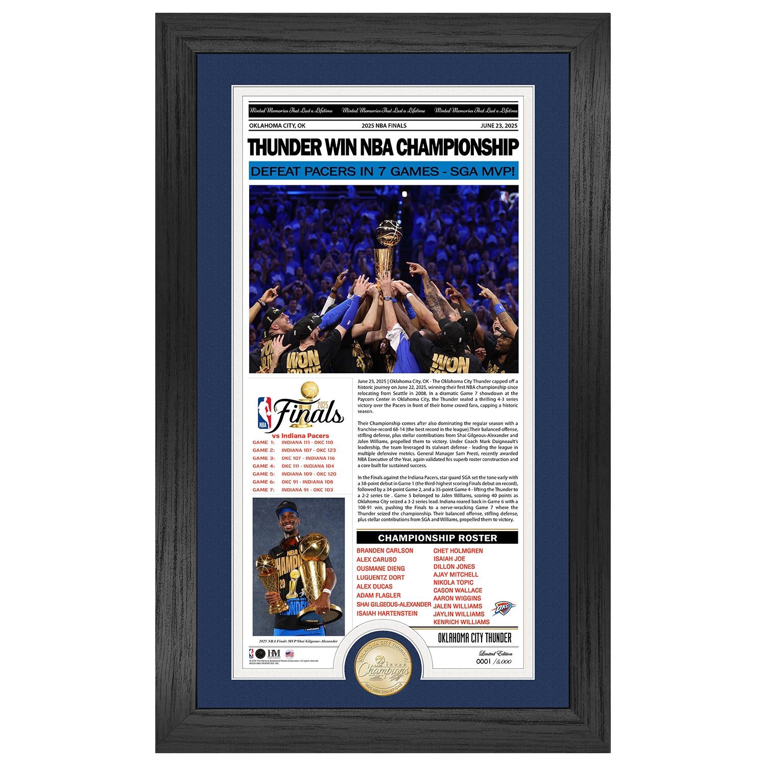 Oklahoma City Thunder 2025 NBA Champions Bronze Coin Framed Newspaper Photo