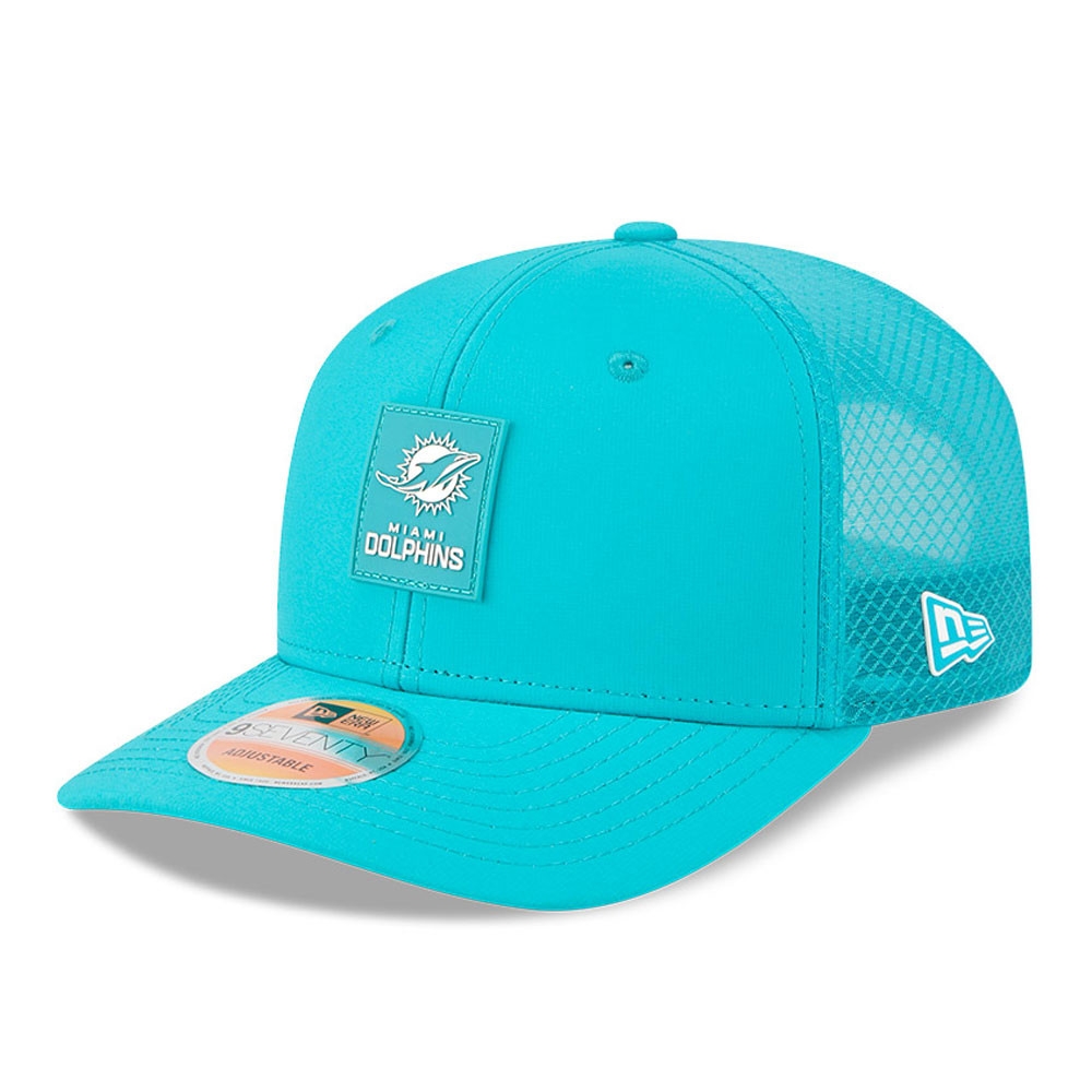 Miami Dolphins 2025 NFL On-Field Sideline 9SEVENTY Trucker Snapback Cap Aqua