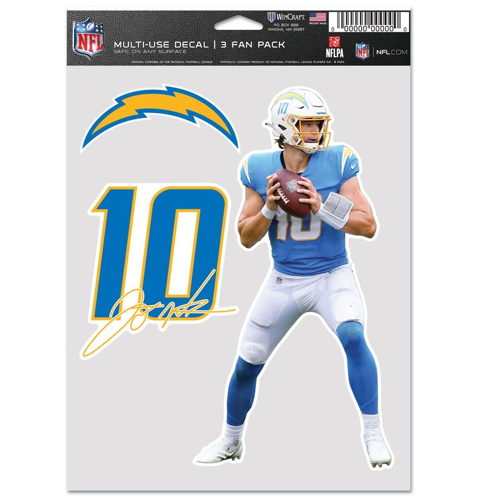 Justin Herbert #10 Los Angeles Chargers Player NFL Aufkleber-Set (3 Stk.)