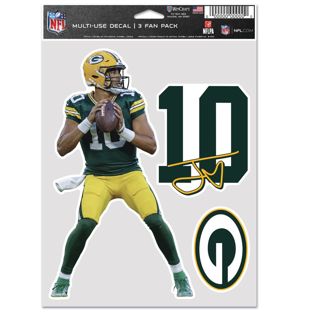 Jordan Love #10 Green Bay Packers Player NFL Aufkleber-Set (3 Stk.)