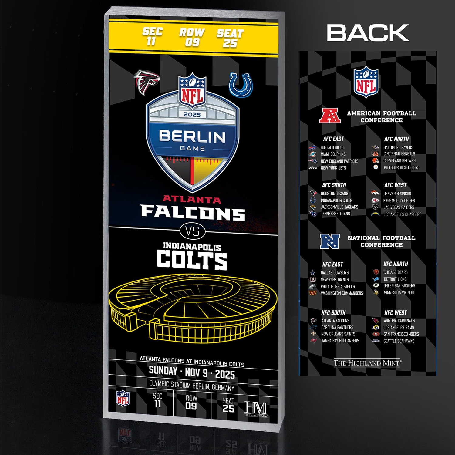 2025 NFL Berlin Game Colts vs. Falcons Ticket 3D Block Art
