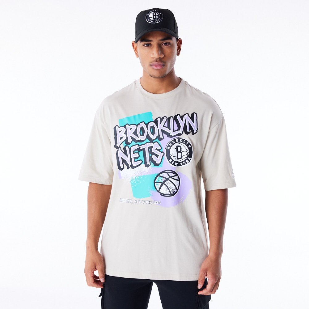 Brooklyn Nets Retro New Era Oversized NBA T-Shirt Beige