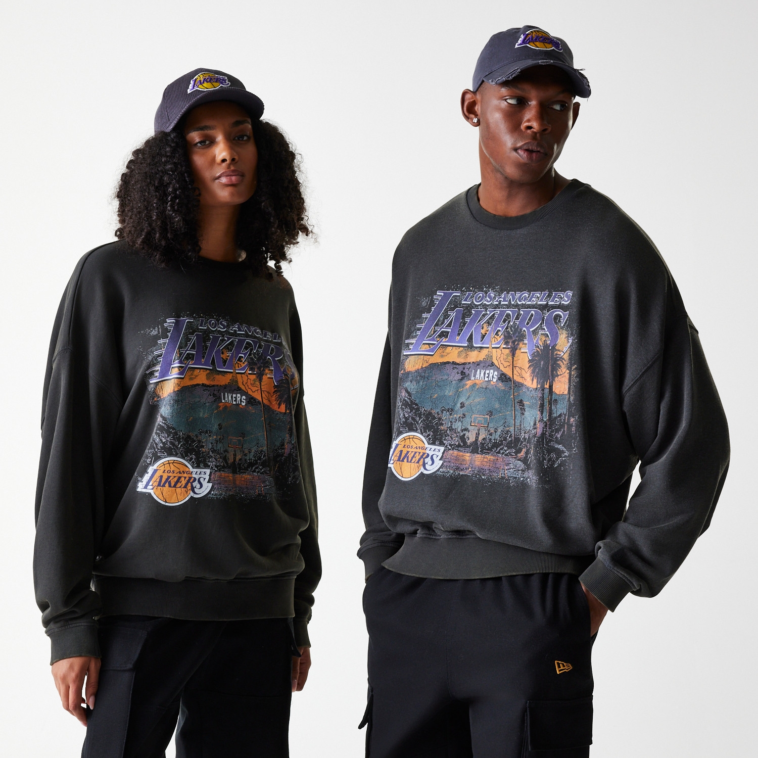 Los Angeles Lakers Washed Oversized NBA Crew Neck Sweater Dunkelgrau