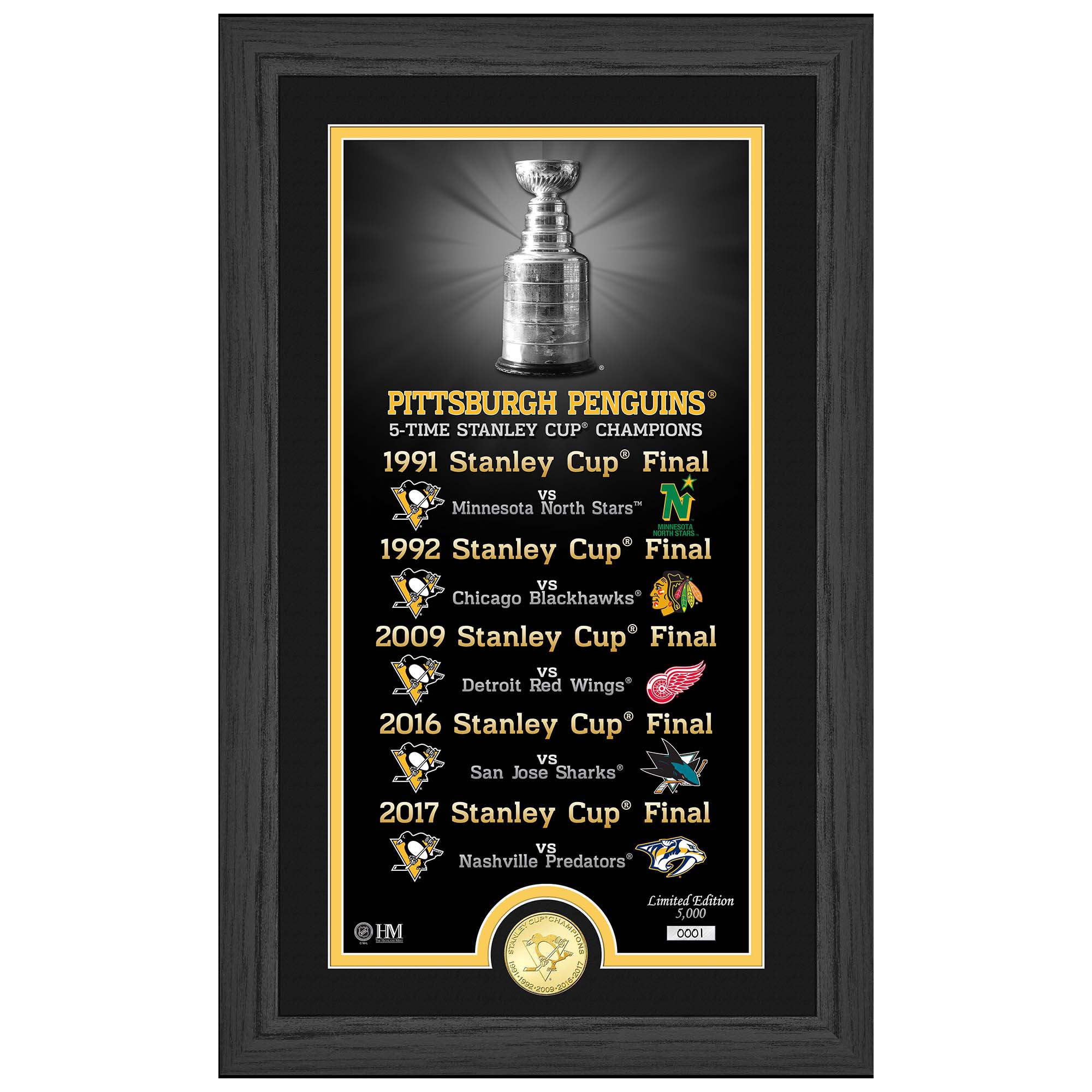 Pittsburgh Penguins Stanley Cup Legacy Bronze Coin Framed NHL Photo