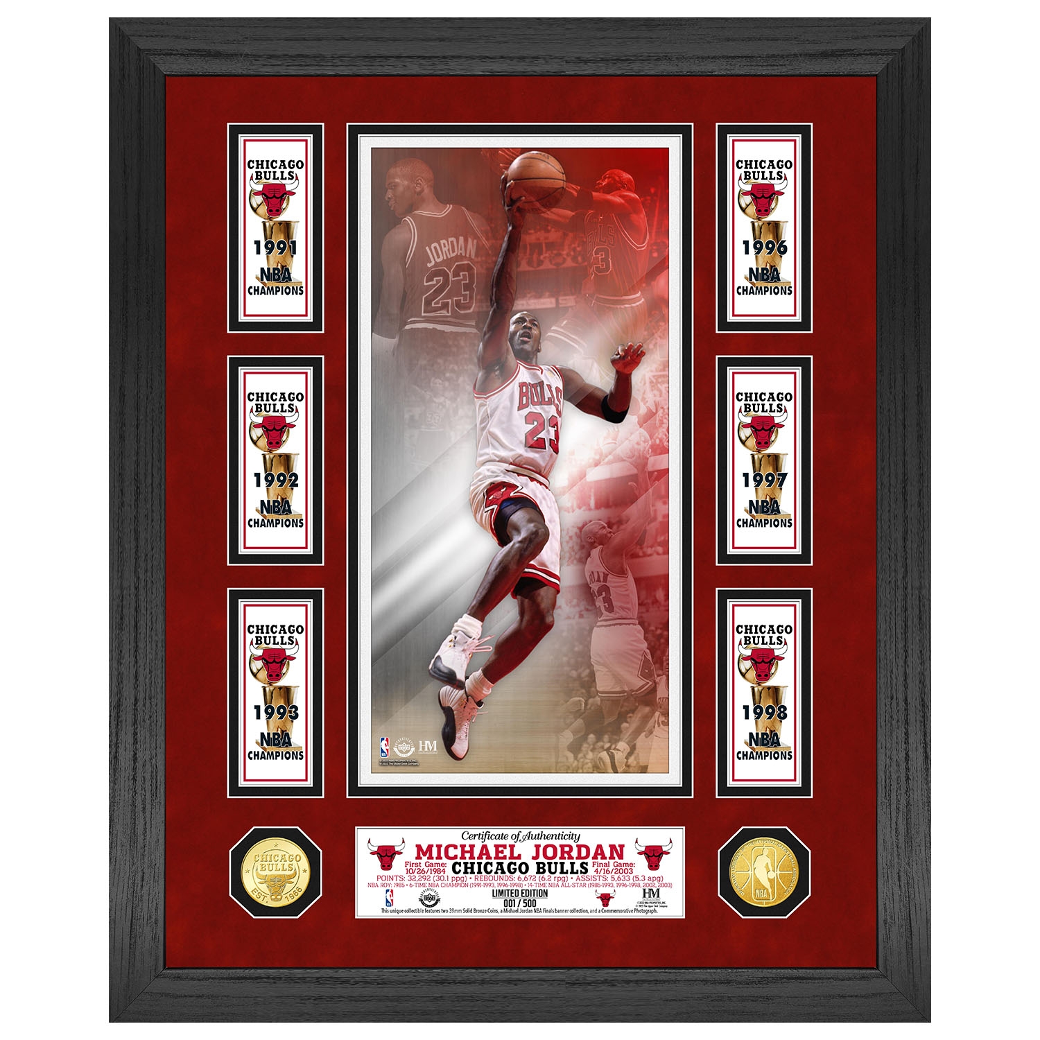 Michael Jordan Chicago Bulls 6x NBA Finals Champ Bronze Coin Framed NBA Photo