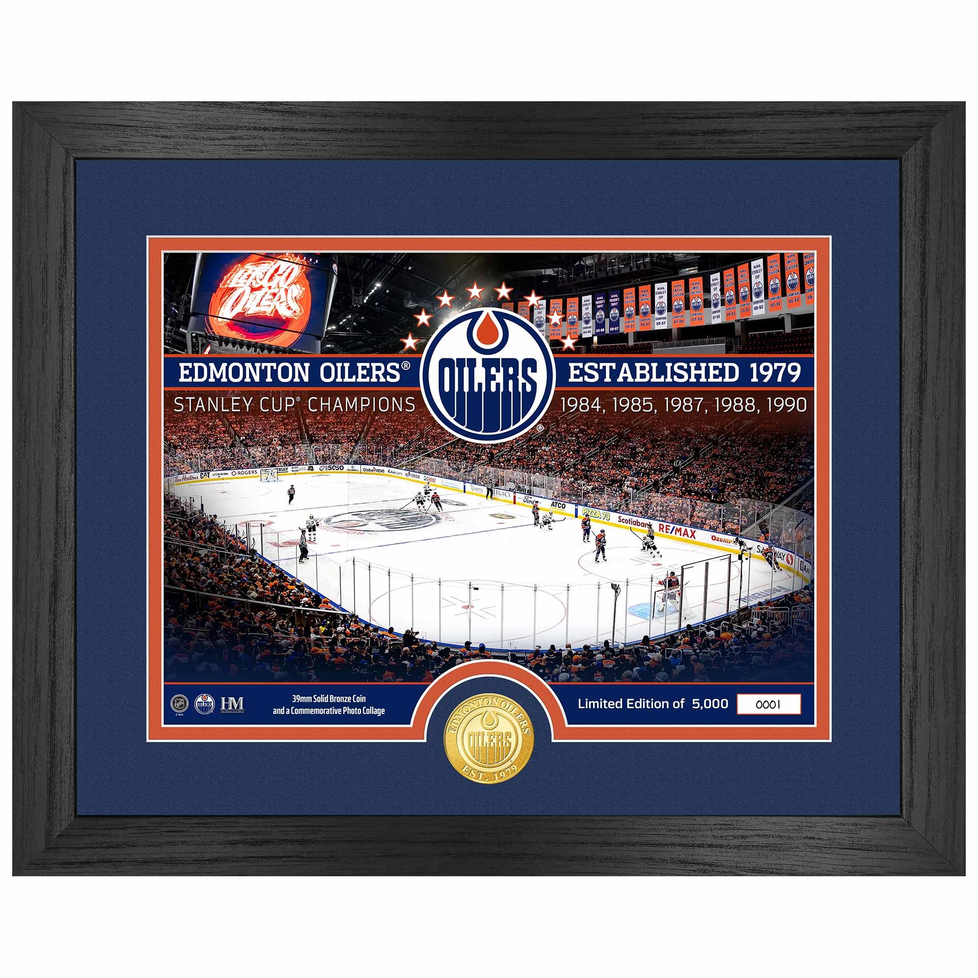 Edmonton Oilers 5-Time Stanley Cup Champions Bronze Coin Gerahmtes NHL Bild