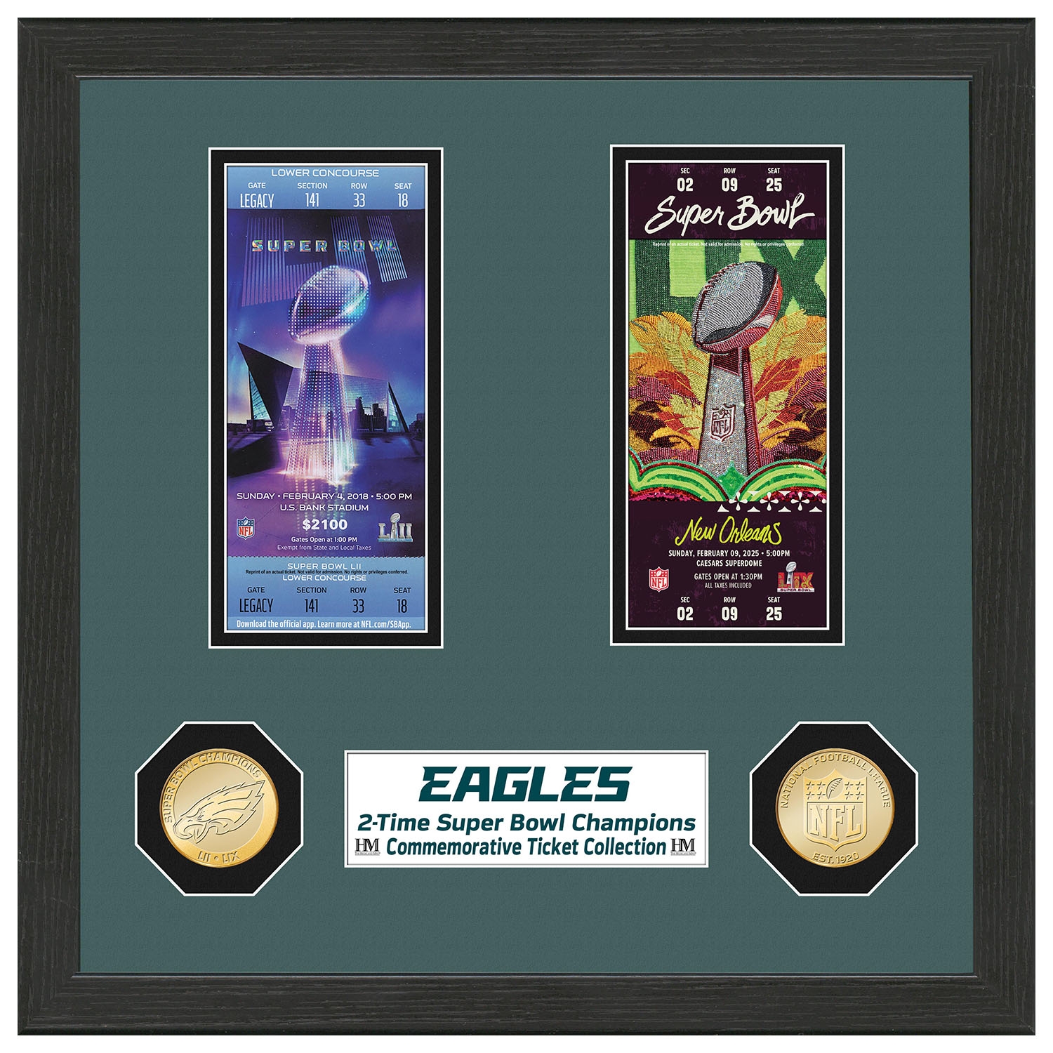 Philadelphia Eagles 2-Time Super Bowl Champions Tickets Bronze Coins Framed NFL Photo